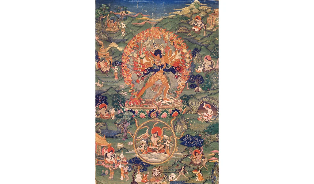 opaque watercolor on cotton of Kalachakra Embracing Consort Vishvamata
